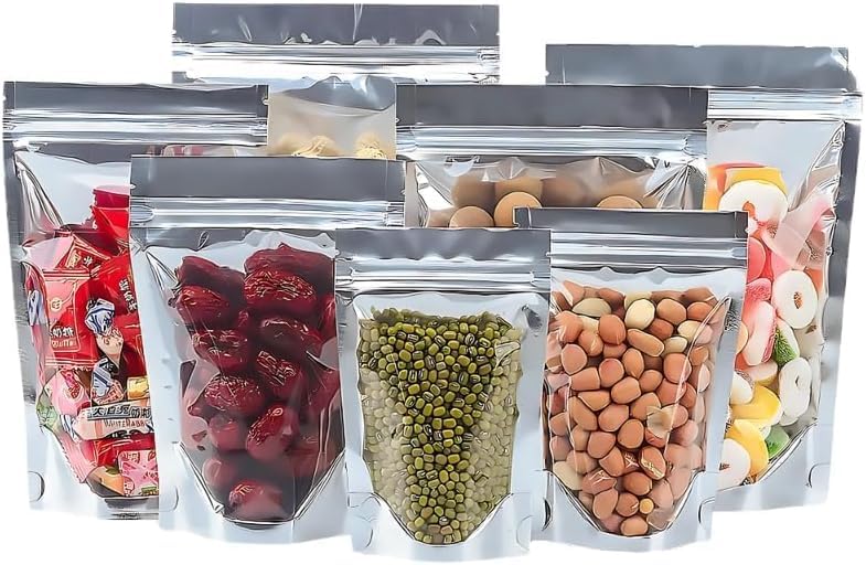 TRAGO Aluminium Foil Food Bags 100 Count Zip Lock Food Storage Stand Up Pouches with Clear Front - Image 1